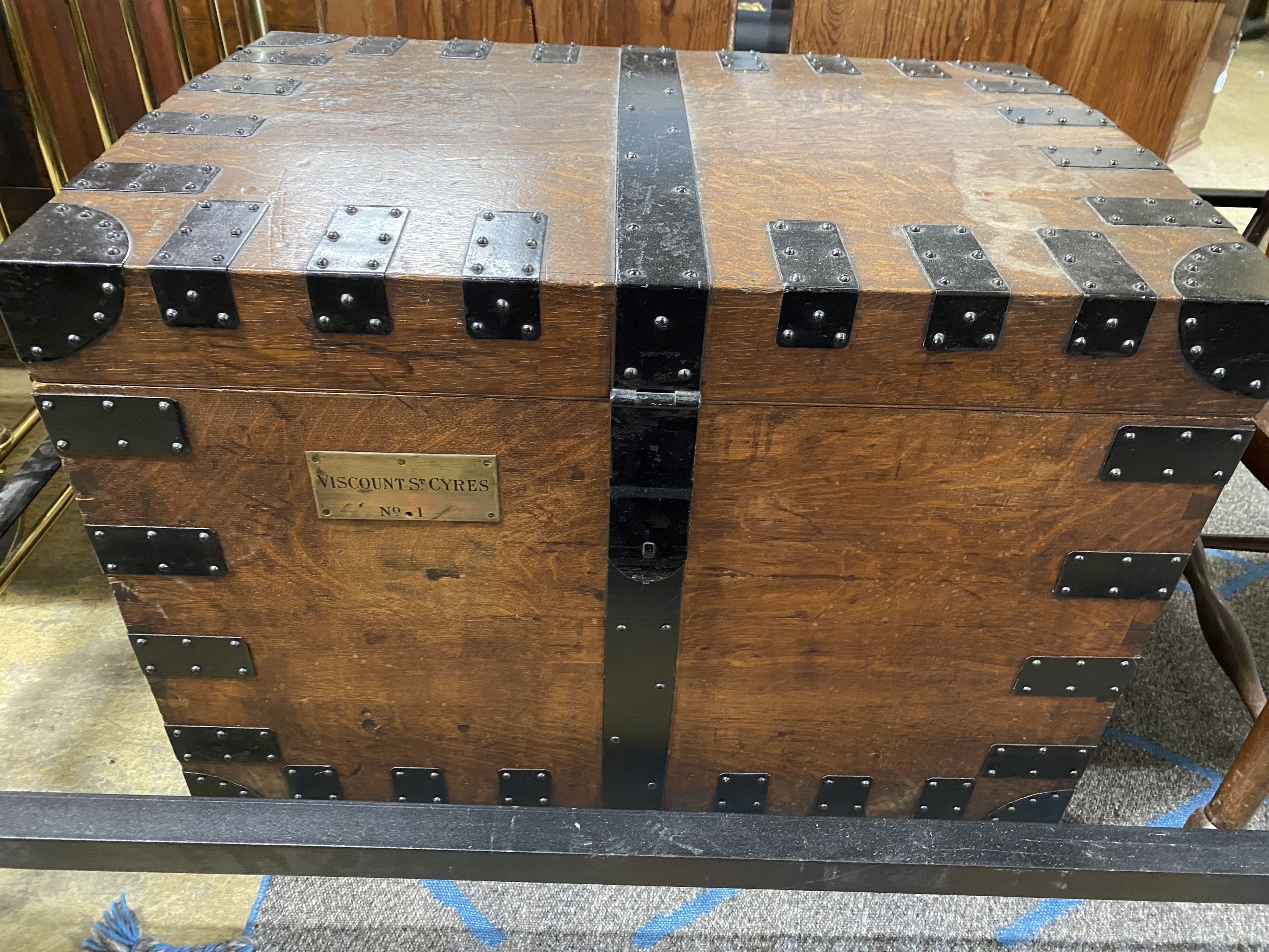 A Victorian iron bound oak silver chest, the engraved brass plaque reads 'Viscount St Cyers No 1', width 89cm, depth 63cm, height 65cm